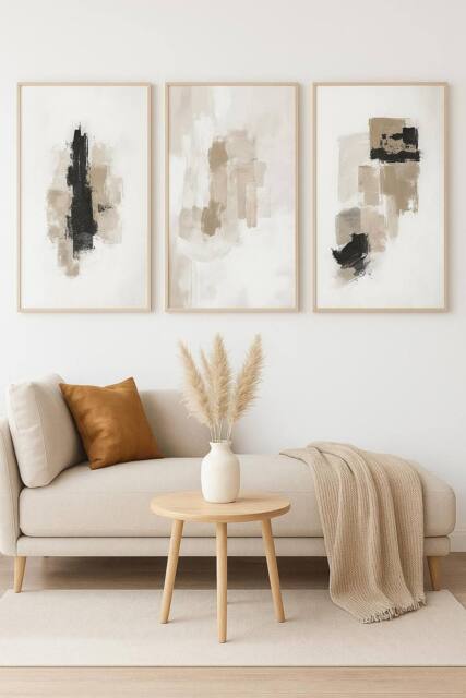 Mafett Set of 3 Neutral Abstract Wall Art Canvas Beige Black Accents - Size: A2
