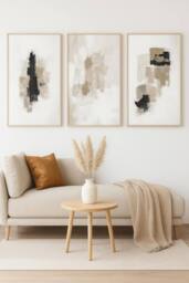 Mafett Set of 3 Neutral Abstract Wall Art Canvas Beige Black Accents - Size: A2 - thumbnail 1