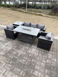 Fimous Outdoor PE Rattan Garden Furniture Gas Fire Pit Dining Table Armchairs With Side Coffee Table Dark Grey Mixed - thumbnail 1