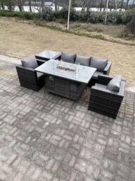Fimous Outdoor PE Rattan Garden Furniture Gas Fire Pit Dining Table Armchairs With Side Coffee Table Dark Grey Mixed - thumbnail 3