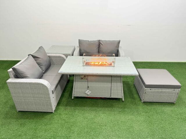 Fimous 5 Seater Outdoor Love Sofa Set Rattan Garden Furniture Set with Firepit Dining Table Big Footstool Side Table Light Grey - image 1