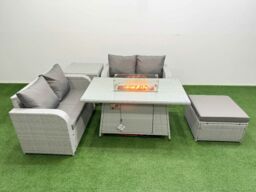 Fimous 5 Seater Outdoor Love Sofa Set Rattan Garden Furniture Set with Firepit Dining Table Big Footstool Side Table Light Grey - thumbnail 1