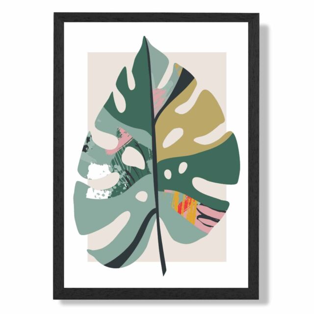 ARTZE Monstera Leaf Green & Red Minamilist Framed Print SIZE: A3 with Black Frame - Size: A4 - image 1