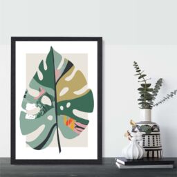 ARTZE Monstera Leaf Green & Red Minamilist Framed Print SIZE: A3 with Black Frame - Size: A4 - thumbnail 2