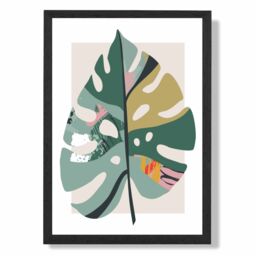 ARTZE Monstera Leaf Green & Red Minamilist Framed Print SIZE: A3 with Black Frame - Size: A4 - thumbnail 1
