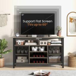Costway Industrial Wine Bar Cabinet 140cm Buffet Sideboard with 8-Bottle Wine Racks in Grey - thumbnail 5