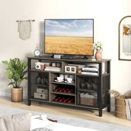 Costway Industrial Wine Bar Cabinet 140cm Buffet Sideboard with 8-Bottle Wine Racks in Grey - thumbnail 6