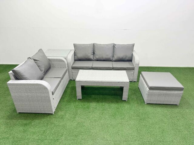 Fimous 6 Seater PE Rattan Wicker Garden Furniture Patio Conservatory Sofa Set w/ Oblong Coffee Table 3 Seater Sofa Love Sofa Big Footstool Side Table - image 1