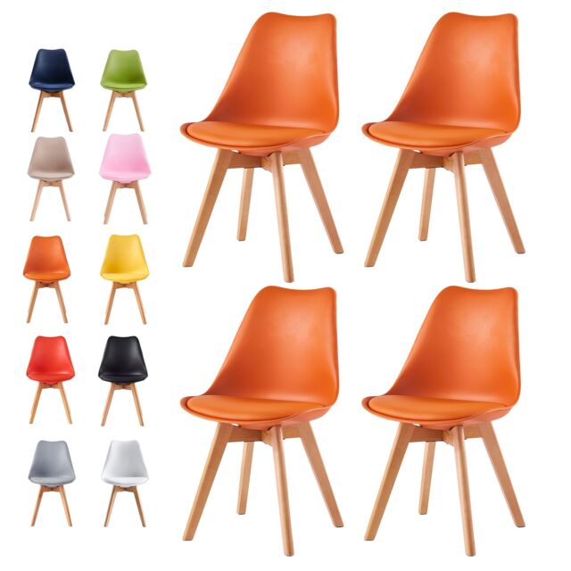MCC Direct Set of 4 Dining Chairs Wooden Legs & Padded Seat Cushions Eva in Orange