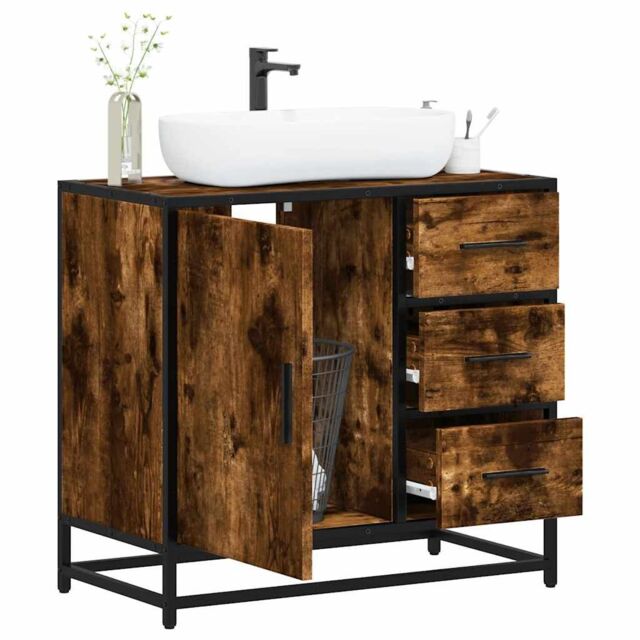 Berkfield Home Bathroom Sink Cabinet Smoked Oak 65x33x60 cm Engineered Wood in Brown - Size: 65 x 33 x 60 cm - image 1