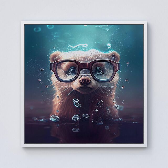 "Warren Reed - Designer Ferret With Glasses Splashart Water Framed Canvas in Off-White - Size: W30"" x H30""" - image 1
