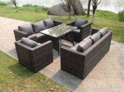 Fimous 8 Seater Rattan Sofa Set Dining Table Armchairs Garden Furniture Outdoor With Clear Tempered Glass in Dark Grey - thumbnail 1