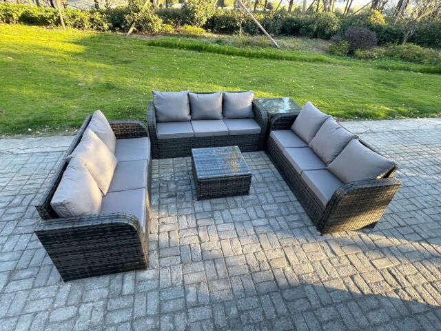 Fimous Patio Garden Furniture Sets Wicker 9 Seater Outdoor Rattan Furniture Sofa Sets with Square Coffee Table Side Table in Dark Grey - image 1