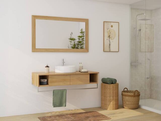 Vente-unique Suspended Teak Bathroom Vanity Unit With Towel Rail & Round Ceramic in Light Oak