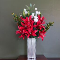 Leaf 80cm Artificial Red Lily Arrangement Silver Glass Vase - thumbnail 1
