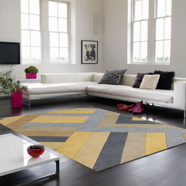 The Rug Shop UK Yellow Wool Geometric Luxurious Easy To Clean Cotton Backing Rug - Size: 160 cm x 230 cm - image 1