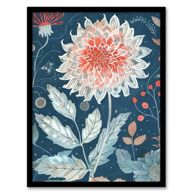 "Artery8 Single Red Dahlia Flower Blue Botanical Artwork Framed Art Print - Size: W12"" x H16""" - image 1