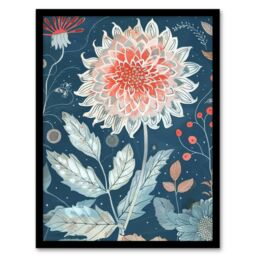 "Artery8 Single Red Dahlia Flower Blue Botanical Artwork Framed Art Print - Size: W12"" x H16""" - thumbnail 1