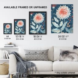 "Artery8 Single Red Dahlia Flower Blue Botanical Artwork Framed Art Print - Size: W12"" x H16""" - thumbnail 3