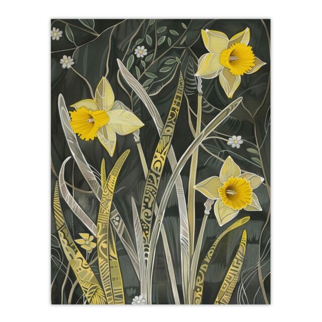 "Artery8 Daffodil Green Forest Artwork Dark Spring Floral Wall Art Print in Yellow - Size: W24"" x H32""" - image 1
