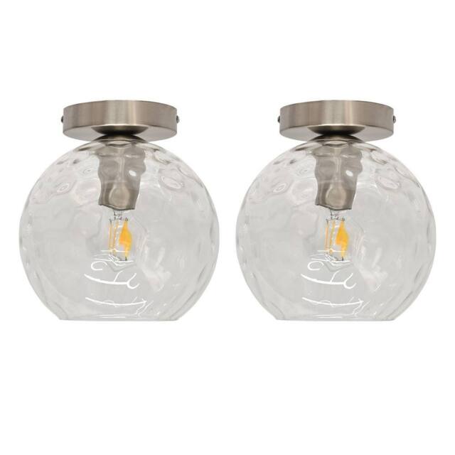 First Choice Lighting Set of 2 Barnum - Clear Dimple Glass Globe Satin Nickel Ceiling Lights