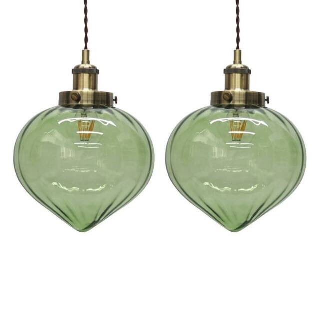 First Choice Lighting Set of 2 Layla - Green Glass Easy Fit Pendant Shades Brass Detail - image 1