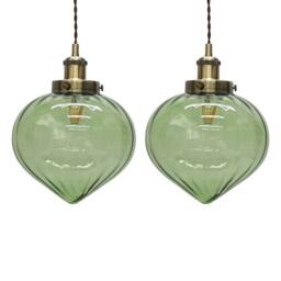 First Choice Lighting Set of 2 Layla - Green Glass Easy Fit Pendant Shades Brass Detail - thumbnail 1
