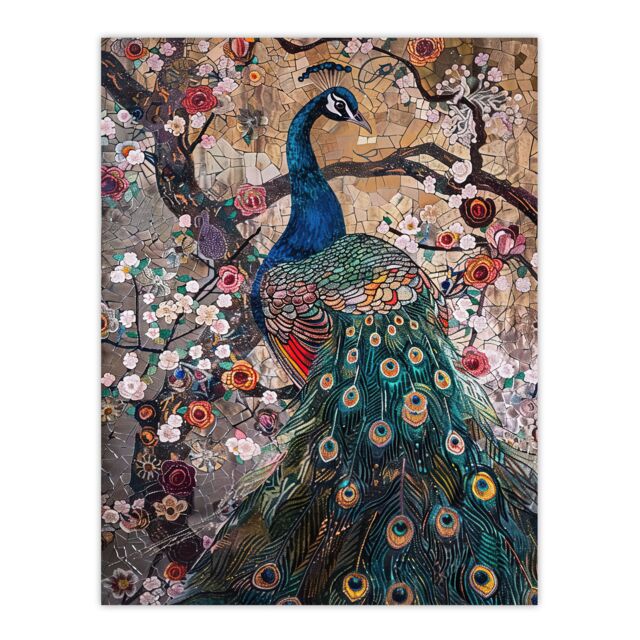 "Artery8 Mosaic Peacock in Flowers Tree Detailed Artwork Wall Art Print - Size: W18"" x H24""" - image 1