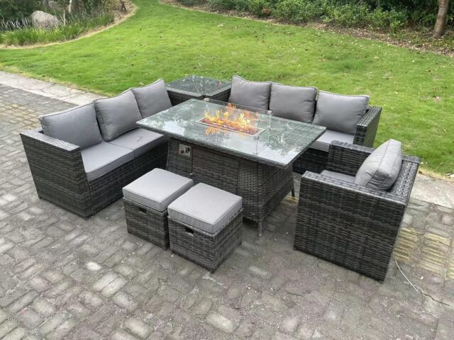 Fimous Outdoor Gas Fire Pit Dining Table Heater Sets Lounge Chairs Footstools 9 Seater in Dark Grey - image 1