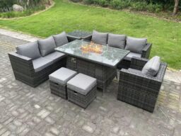 Fimous Outdoor Gas Fire Pit Dining Table Heater Sets Lounge Chairs Footstools 9 Seater in Dark Grey - thumbnail 1