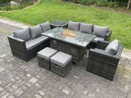 Fimous Outdoor Gas Fire Pit Dining Table Heater Sets Lounge Chairs Footstools 9 Seater in Dark Grey - thumbnail 3