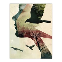 "Artery8 Abstract Woman Profile Portrait Crows Trees Dark Wall Art Print in Beige - Size: W12"" x H16""" - thumbnail 1