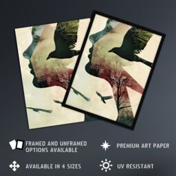 "Artery8 Abstract Woman Profile Portrait Crows Trees Dark Wall Art Print in Beige - Size: W12"" x H16""" - thumbnail 2