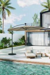 Garden Sanctuary 3m Lighted Garden Parasol with Crank Lift System, Cross Base & Fillable Base in Beige - thumbnail 1