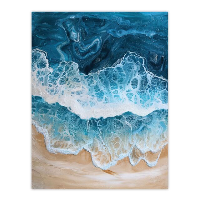 "Artery8 Sea Foam on Sandy Beach From Above Calm Zen Wall Art Print in Blue - Size: W24"" x H32""" - image 1