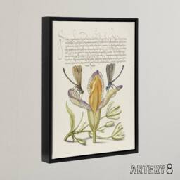 "Artery8 Damselflies on Spanish Iris Calligraphy Framed Canvas Wall Art Print in Beige - Size: W12"" x H16""" - thumbnail 2
