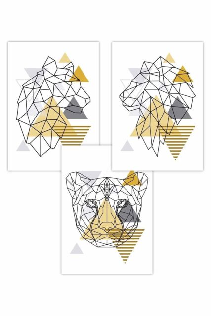 ARTZE Set of 3 Geometric Line Art Yellow Big Cats Set Art Posters - Size: W50 cm x H70 cm - image 1