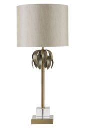 Orsina Antique Brass Leaf Table Lamp with Grey Shade, Textured Metal Leaves on Crystal Base, Luxe Accent Table Lamp in Gold