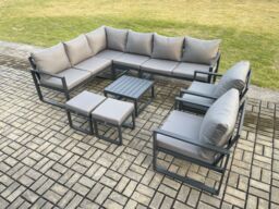 Fimous 10 Seater Aluminium Garden Furniture Set Outdoor Lounge Corner Sofa 2 Pcs Chair Square Coffee Table Sets with 2 Small Footstools Dark Grey - thumbnail 2