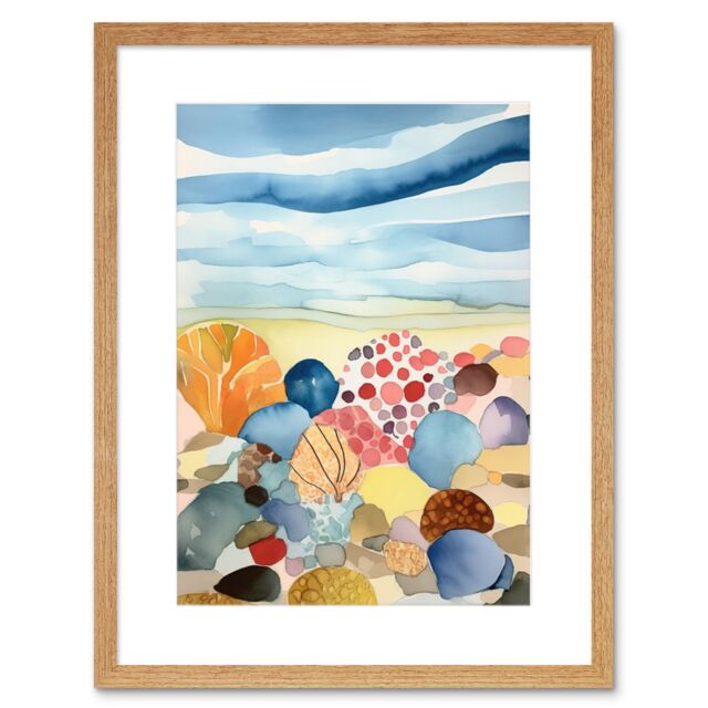 "Artery8 Wall Art Print Seaside Beachcombing Colourful Seashells & Beach Pebbles Watercolour Painting Artwork Framed 9X7 Inch - Size: W7"" x H9""" - image 1
