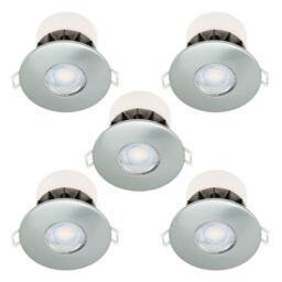 First Choice Lighting Set of 5 Fire Rated Brushed Steel LED Bathroom Recessed Downlights in Silver