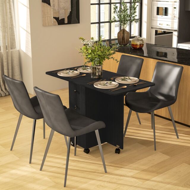 HOMCOM Folding Dining Table, Drop Leaf Table With Drawers in Black - image 1
