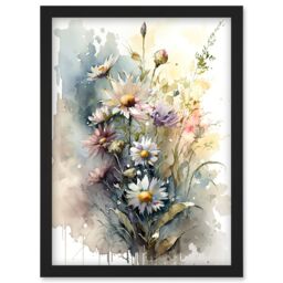 Artery8 Wild Flower Daisies in Bloom Modern Boho Watercolour Painting Artwork Framed Wall Art Print A4 in Black - thumbnail 1