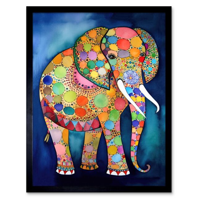 "Artery8 Wall Art Print Elephant With Patterns Folk Art Watercolour Painting Art Framed in Black - Size: W12"" x H16""" - image 1