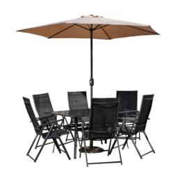 Samuel Alexander Outdoor 6 Person Glass Top Dining Table Chairs. Beige Parasol & Base in Black - thumbnail 1