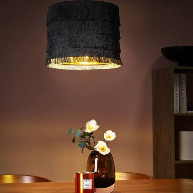 Wyld and Coco Black Fringe Pendant Lamp Polyester Fringe Shade on Iron Frame - image 1