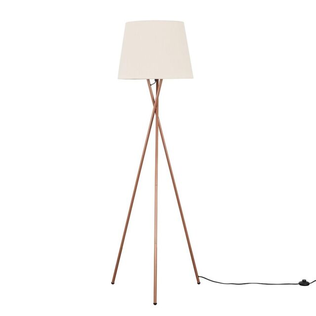 ValueLights Camden Copper Metal Tripod Floor Lamp with Tapered Shade & LED Bulb in Beige