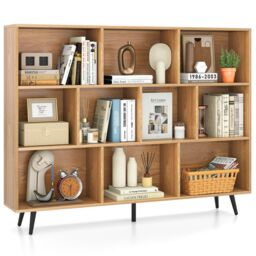 Gymax 10-Cube Freestanding Bookcase 140 CM Mid Century Storage Organizer in Light Khaki - thumbnail 2