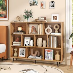 Gymax 10-Cube Freestanding Bookcase 140 CM Mid Century Storage Organizer in Light Khaki - thumbnail 8