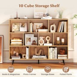 Gymax 10-Cube Freestanding Bookcase 140 CM Mid Century Storage Organizer in Light Khaki - thumbnail 4